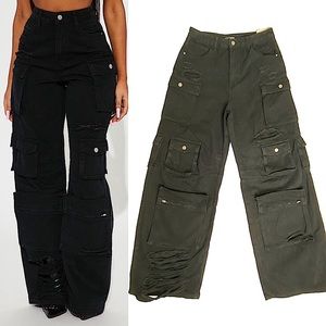 Fashion Nova lily high rise distressed Cargo Jeans Sz 15 Black Wideleg Oversized